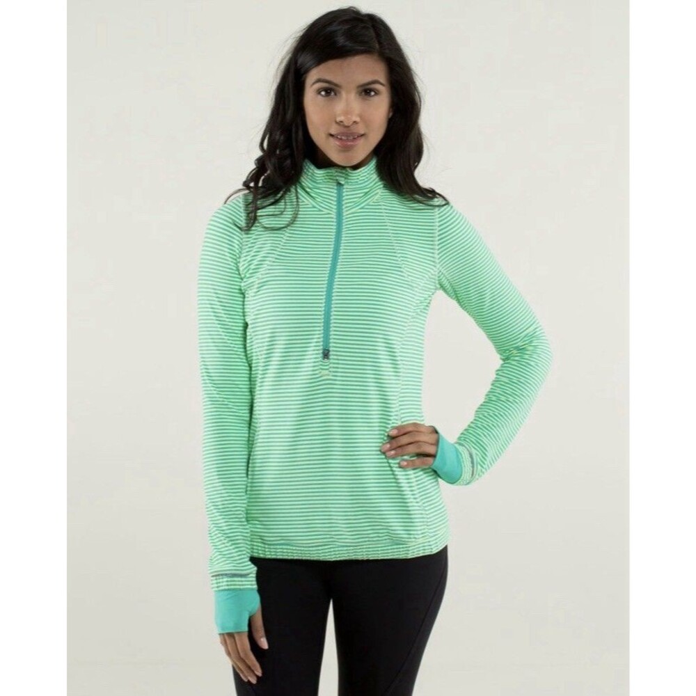 Lululemon‎ Womens Forthright Bali Breeze 1/2 Zip Pullover Sz 8 Green Striped Run